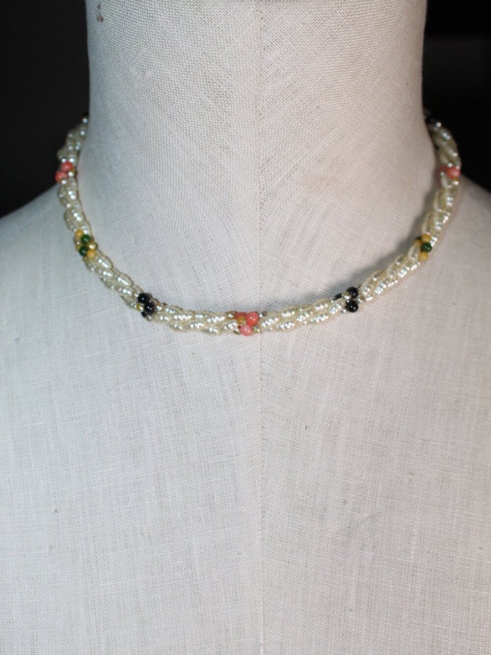 Vintage 3-strand Torsade Freshwater Rice Pearl w Colorful Accent Beads Necklace